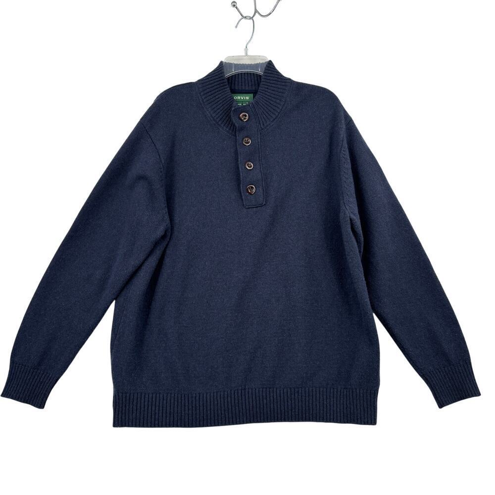 Orvis Quarter‎ Zip Sweater Shirt Mens XXL Blue Wool Cotton Blend Pullover
